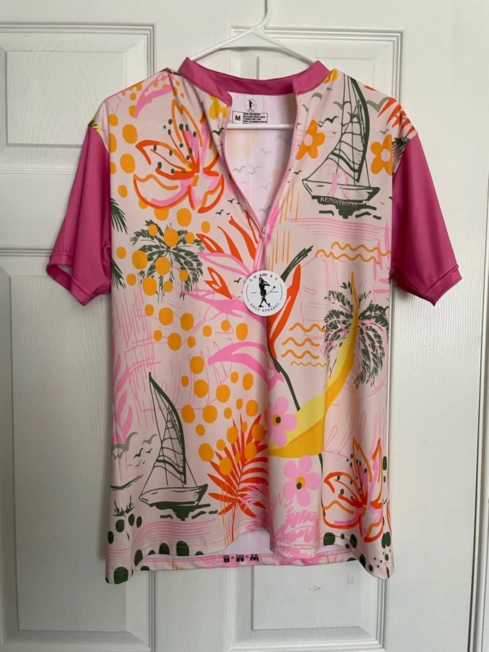NWT SHANKS Women’s size Medium Pink Floral-Accent Golf Polo Top